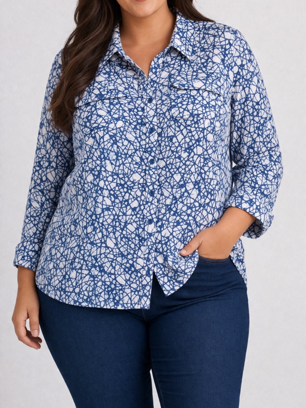 CJ Banks Blue and White Abstract Print Button-Up Shirt Size 1x‎